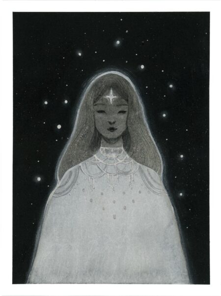 A painting of a feminine figure in white clothing, a star on her forehead, and silver and glittery details. The figure is placed against a dark background with stars.