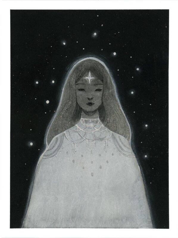 A painting of a feminine figure in white clothing, a star on her forehead, and silver and glittery details. The figure is placed against a dark background with stars.