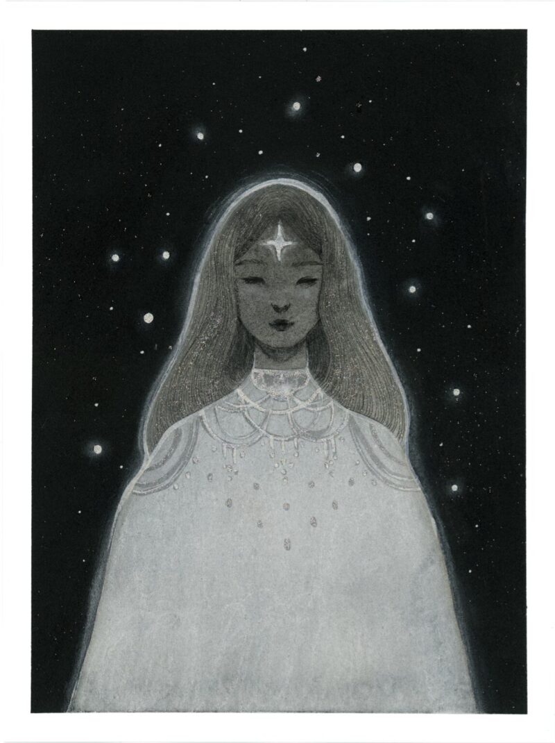 A painting of a feminine figure in white clothing, a star on her forehead, and silver and glittery details. The figure is placed against a dark background with stars.