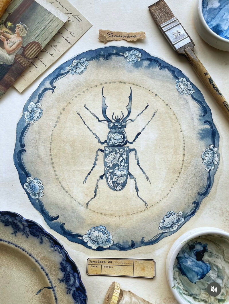 A hand-painted blue-and-white porcelain-style plate featuring intricate floral and vine motifs with a detailed beetle at the center. Inspired by antique Chinese ceramics and natural history collections, the artwork evokes the feeling of a treasured object displayed in a collector's cabinet of curiosities. The plate is photographed against a neutral background.
