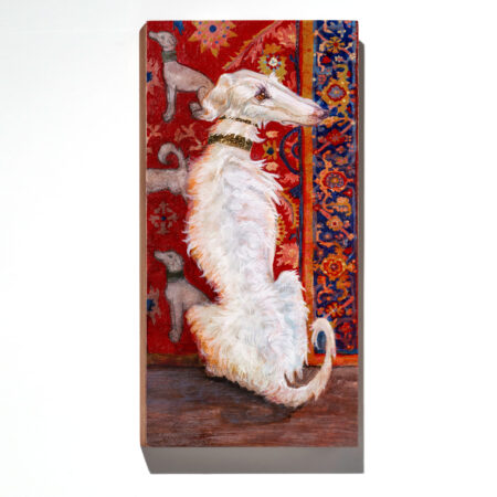 painting of a borzoi dog in front of an ornate rug.