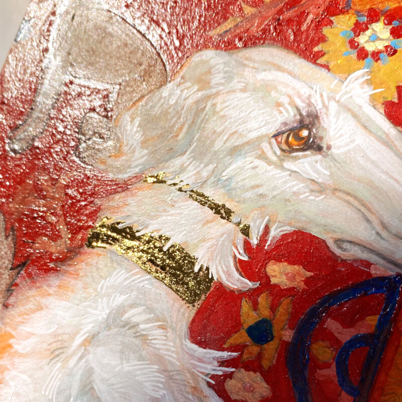 A painting of a Borzoi dog in front of an ornate rug by Sarah Van Rose set at an angle so the viewer can see the shine of the gold in the dogs collar