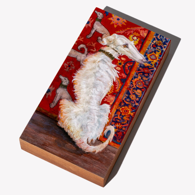 A painting of a Borzoi dog in front of an ornate rug by Sarah Van Rose set at an angle so the viewer can see the side of the wood panel.