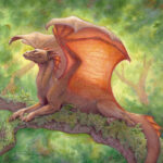 Basking Warmth, a small dragon laying on a branch, stretching its wings in the sun
