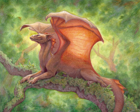Basking Warmth, a small dragon laying on a branch, stretching its wings in the sun
