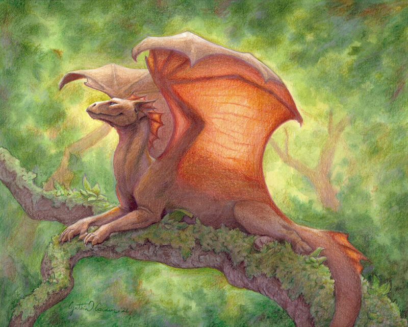 Basking Warmth, a small dragon laying on a branch, stretching its wings in the sun