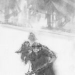 Drawing of science fiction soldiers in the snow with a ship behind them.