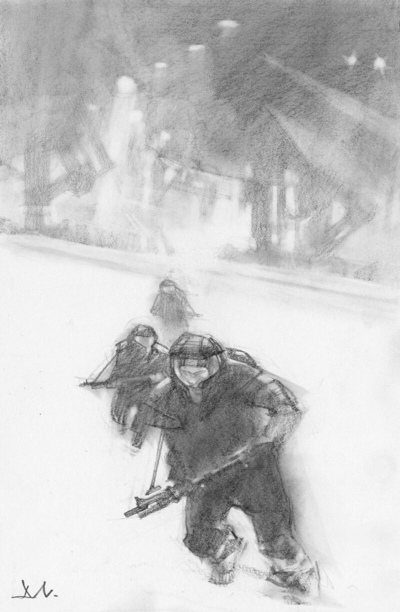 Drawing of science fiction soldiers in the snow with a ship behind them.