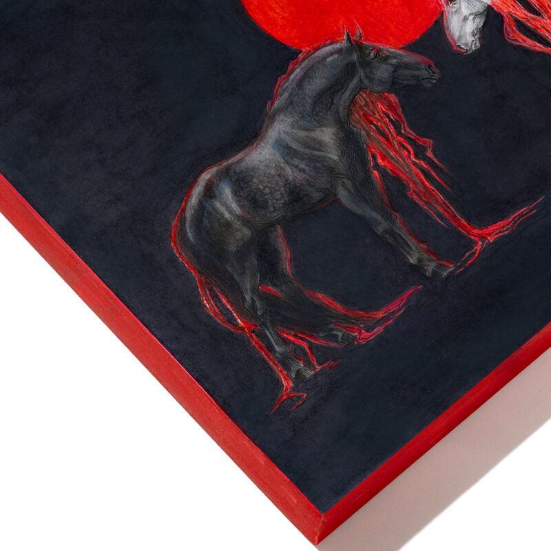 Corner view of the painting with a red edge.