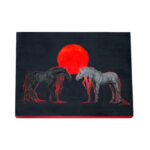 two beautiful horses one white one black stand under a red sun
