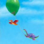 a red and yellow gummie candy pterosaur flying with a purple gummie candy dino brontosaur hanging on to the string of a green balloon floating in a blue sky with pale white clouds