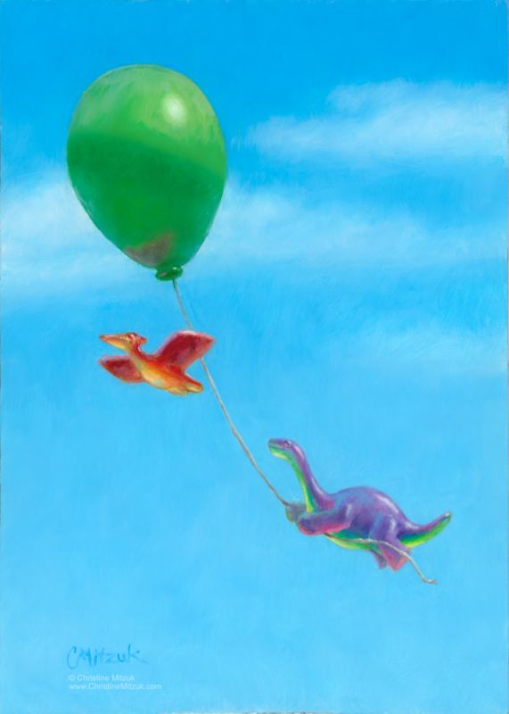 a red and yellow gummie candy pterosaur flying with a purple gummie candy dino brontosaur hanging on to the string of a green balloon floating in a blue sky with pale white clouds