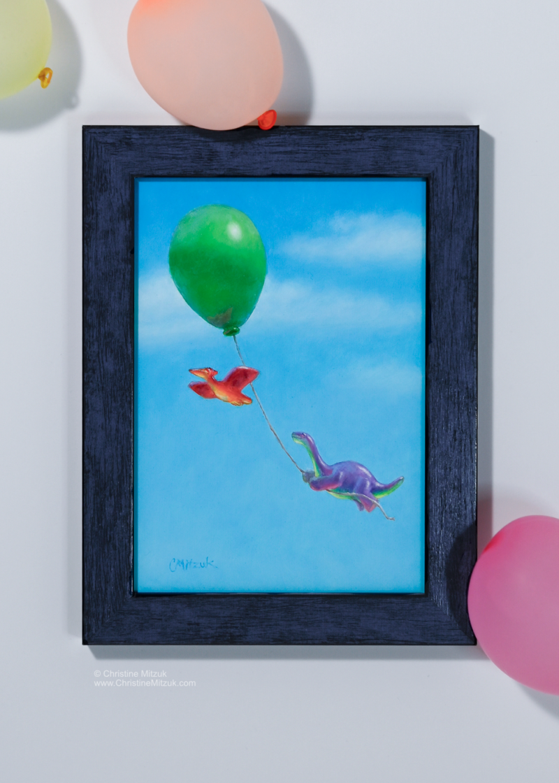 a red and yellow gummie candy pterosaur flying with a purple gummie candy dino brontosaur hanging on to the string of a green balloon floating in a blue sky with pale white clouds