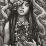 Graphite drawing of a female representing figure with marigolds coming out of one of her eyes. Long dark hair. Chest open, edges look like bark. A marigold comes out of the space. Tree branches at her back.