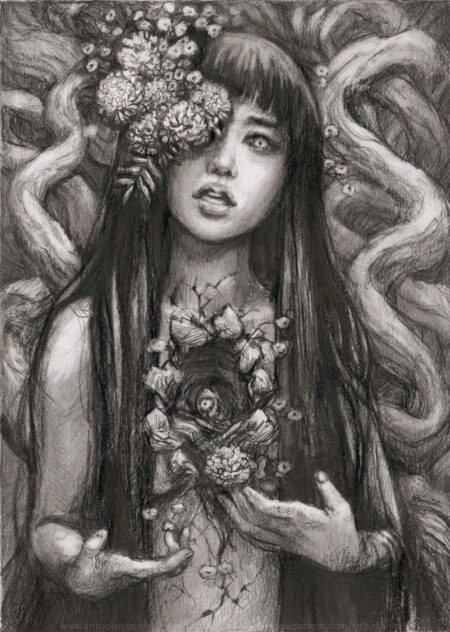 Graphite drawing of a female representing figure with marigolds coming out of one of her eyes. Long dark hair. Chest open, edges look like bark. A marigold comes out of the space. Tree branches at her back.