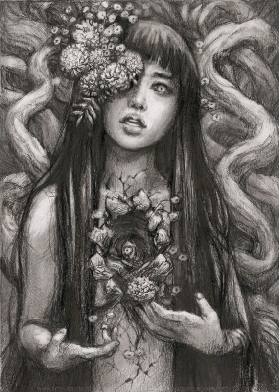 Graphite drawing of a female representing figure with marigolds coming out of one of her eyes. Long dark hair. Chest open, edges look like bark. A marigold comes out of the space. Tree branches at her back.
