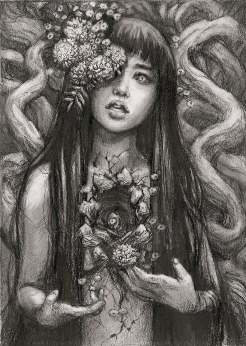 Graphite drawing of a female representing figure with marigolds coming out of one of her eyes. Long dark hair. Chest open, edges look like bark. A marigold comes out of the space. Tree branches at her back.