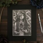 Graphite drawing of a female representing figure with marigolds coming out of one of her eyes. Long dark hair. Chest open, edges look like bark. A marigold comes out of the space. Tree branches at her back.