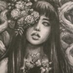 Graphite drawing of a female representing figure with marigolds coming out of one of her eyes. Long dark hair. Chest open, edges look like bark. A marigold comes out of the space. Tree branches at her back.
