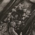 Graphite drawing of a female representing figure with marigolds coming out of one of her eyes. Long dark hair. Chest open, edges look like bark. A marigold comes out of the space. Tree branches at her back.