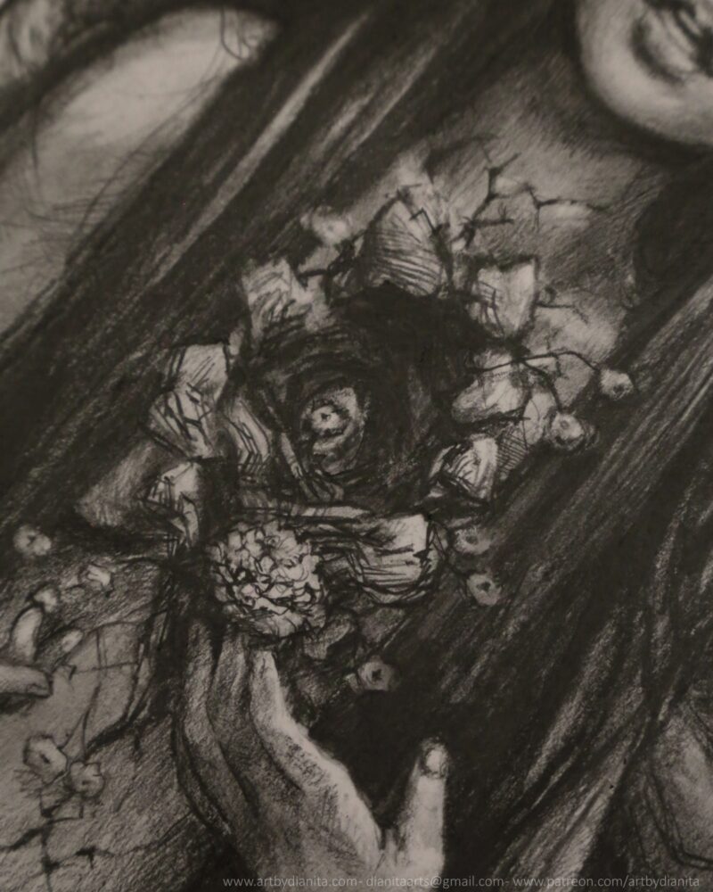Graphite drawing of a female representing figure with marigolds coming out of one of her eyes. Long dark hair. Chest open, edges look like bark. A marigold comes out of the space. Tree branches at her back.