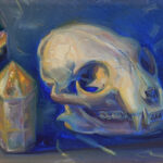 A framed oil painting of a cat skull with rainbow and citrine crystals