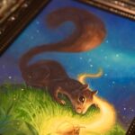 Tilted angle closeup of framed squirrel painting