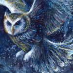 Close-up crop of Night Messenger, showing the owl’s head and body in flight, with its luminous, ethereal details and mysterious expression.