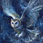 Full view of Night Messenger, an original acrylic painting of a mystical owl in flight, shown unframed.