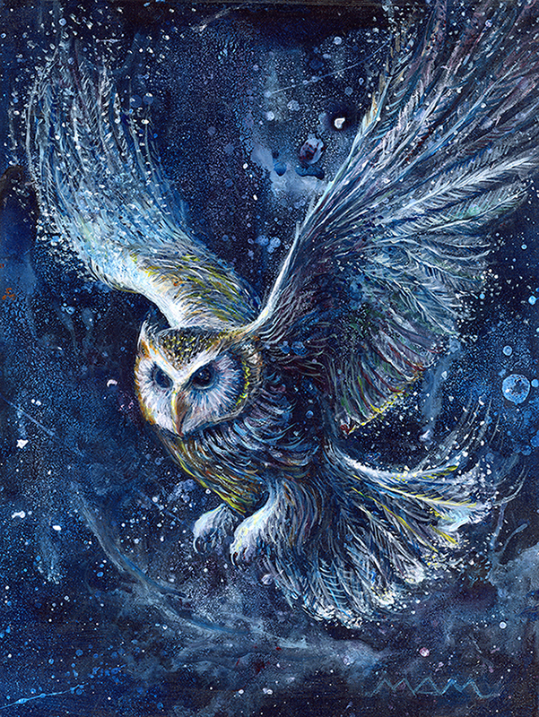 Full view of Night Messenger, an original acrylic painting of a mystical owl in flight, shown unframed.