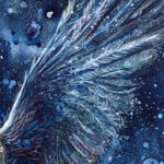 Detail crop of Night Messenger showing the owl’s textured wing surrounded by luminous stars and layered, ethereal paint details.
