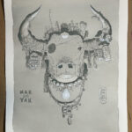 A photo of an acrylic painting of a Yak. The painting is softly colored in monotone grayish blue that gives the piece a moody feeling. Pencils show through the light acrylic washes. The yak is decorated with small pom poms and am illuminated light bulb hangs from his neck. His right eye has a patch over it.