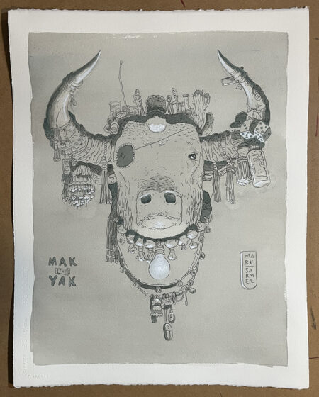 A photo of an acrylic painting of a Yak. The painting is softly colored in monotone grayish blue that gives the piece a moody feeling. Pencils show through the light acrylic washes. The yak is decorated with small pom poms and am illuminated light bulb hangs from his neck. His right eye has a patch over it.