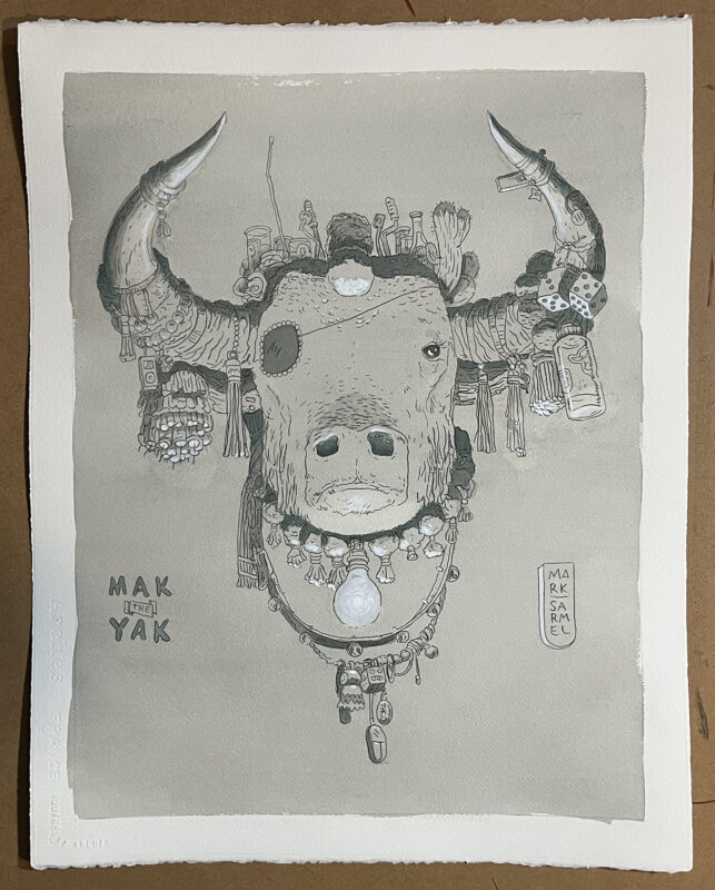 A photo of an acrylic painting of a Yak. The painting is softly colored in monotone grayish blue that gives the piece a moody feeling. Pencils show through the light acrylic washes. The yak is decorated with small pom poms and am illuminated light bulb hangs from his neck. His right eye has a patch over it.