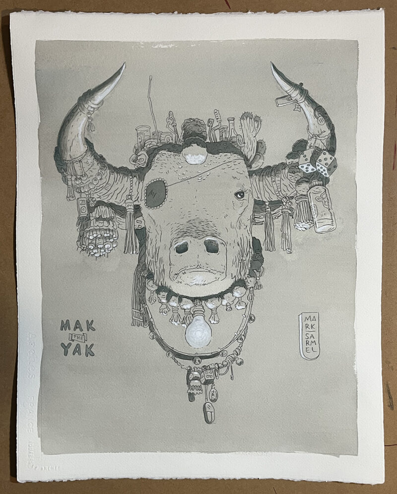 A photo of an acrylic painting of a Yak. The painting is softly colored in monotone grayish blue that gives the piece a moody feeling. Pencils show through the light acrylic washes. The yak is decorated with small pom poms and am illuminated light bulb hangs from his neck. His right eye has a patch over it.