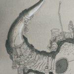 Mak's eye patch and a close up his right horn that is decorated with various ephemera.