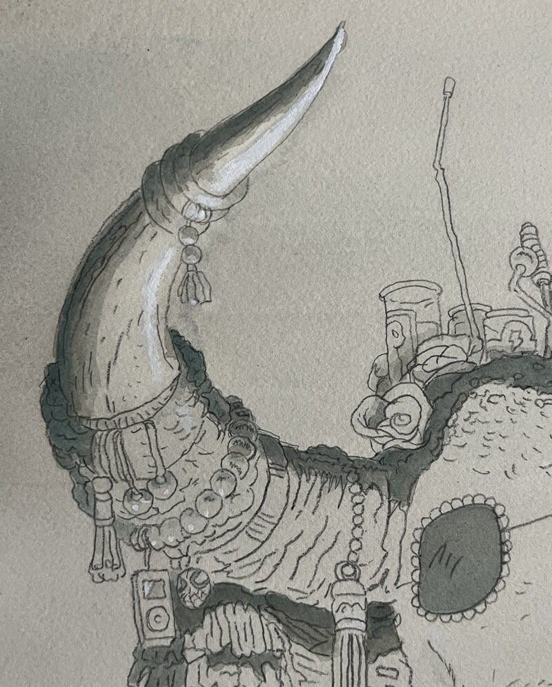 Mak's eye patch and a close up his right horn that is decorated with various ephemera.