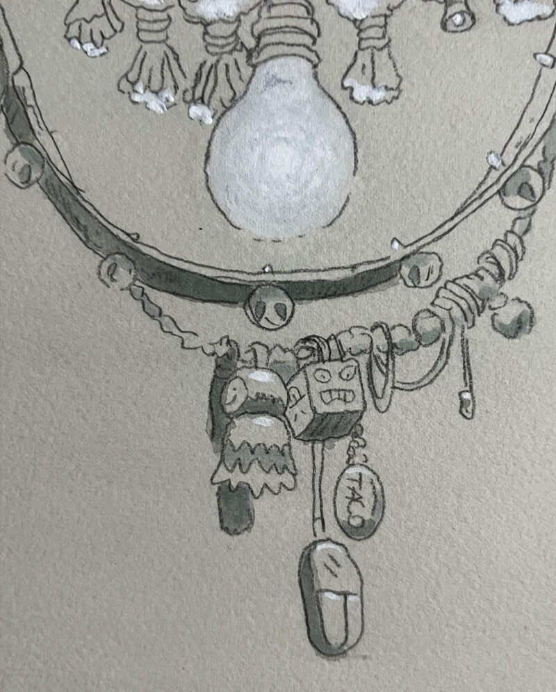 A detail shot of the light bulb that hangs around Mak the Yak's neck