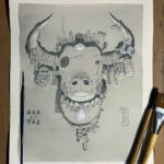 A photo of an acrylic painting of a Yak. The painting is softly colored in monotone grayish blue that gives the piece a moody feeling. Pencils show through the light acrylic washes. The yak is decorated with small pom poms and am illuminated light bulb hangs from his neck. His right eye has a patch over it.