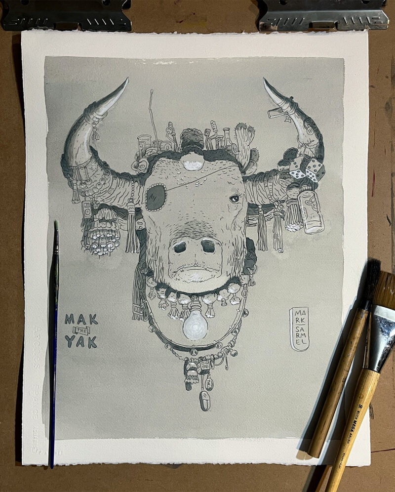A photo of an acrylic painting of a Yak. The painting is softly colored in monotone grayish blue that gives the piece a moody feeling. Pencils show through the light acrylic washes. The yak is decorated with small pom poms and am illuminated light bulb hangs from his neck. His right eye has a patch over it.