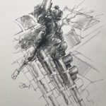 Greg Manchess pencil drawing of a Ninja pulling out a sword on a Japanese rooftop.