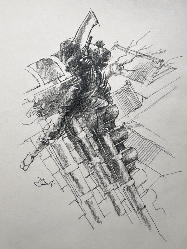 Greg Manchess pencil drawing of a Ninja pulling out a sword on a Japanese rooftop.