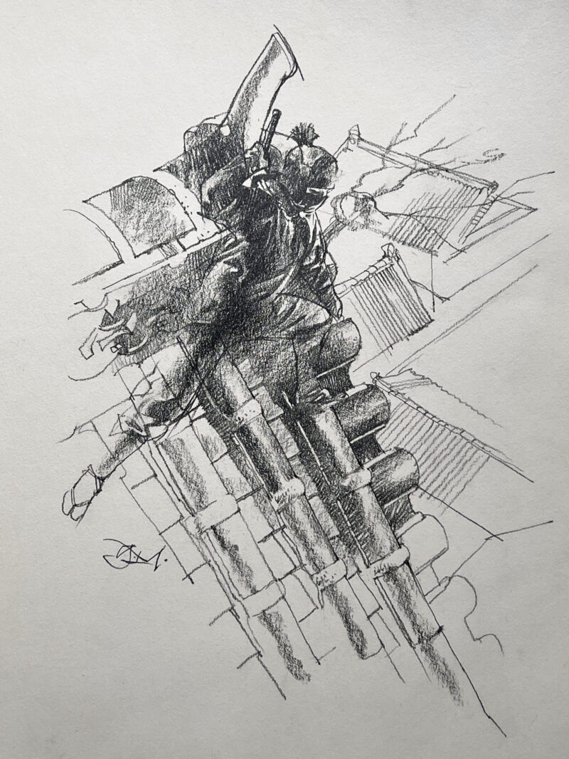 Greg Manchess pencil drawing of a Ninja pulling out a sword on a Japanese rooftop.