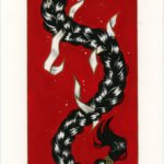 A drawing of a braid with white paper strips woven throughout. The braid is black against a red background.