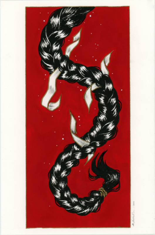A drawing of a braid with white paper strips woven throughout. The braid is black against a red background.