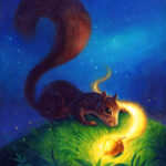 Acrylic painting of a squirrel with a glowing acorn on a grassy hill surrounded by magical sparkles.