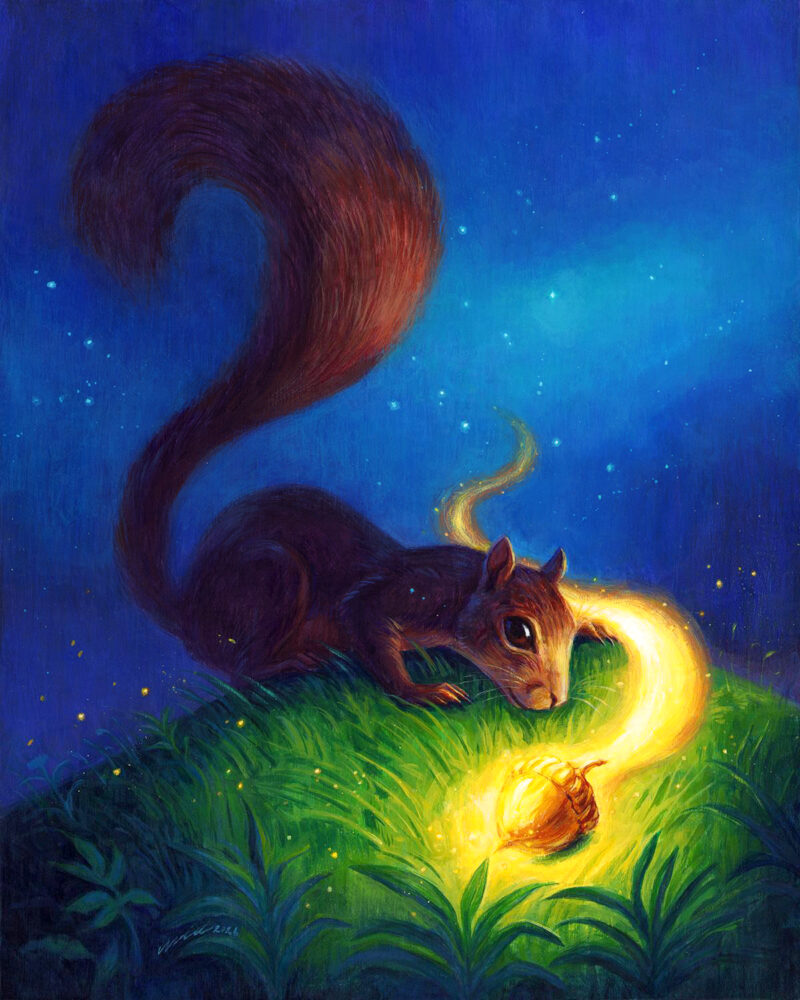Acrylic painting of a squirrel with a glowing acorn on a grassy hill surrounded by magical sparkles.