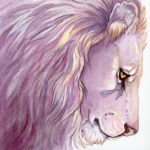 Square watercolor painting of a lion head in pale violets, pinks and creams
