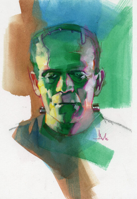Manchess goauche painting of Boris Karloff as Frankenstein's Creature.