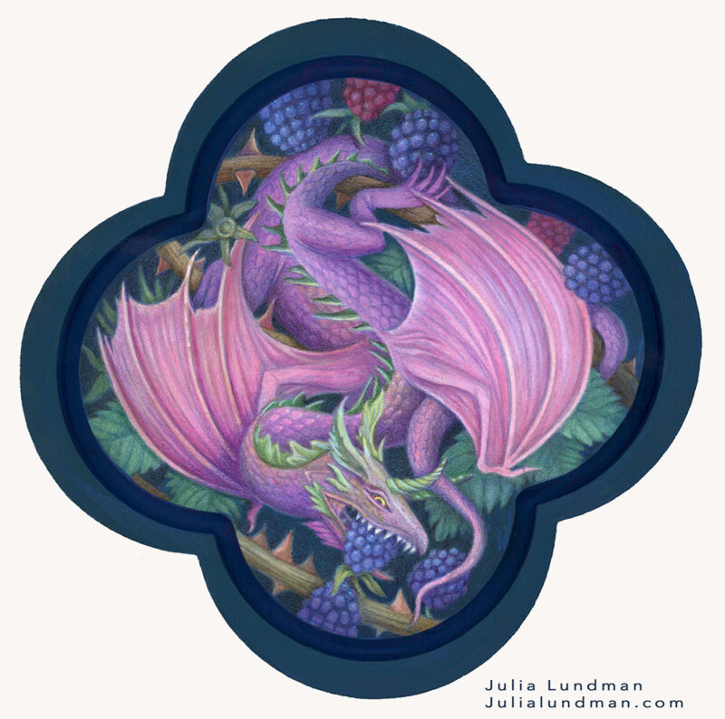 a quatrefoil panel with a painting of a dragon amongst blackberry vines